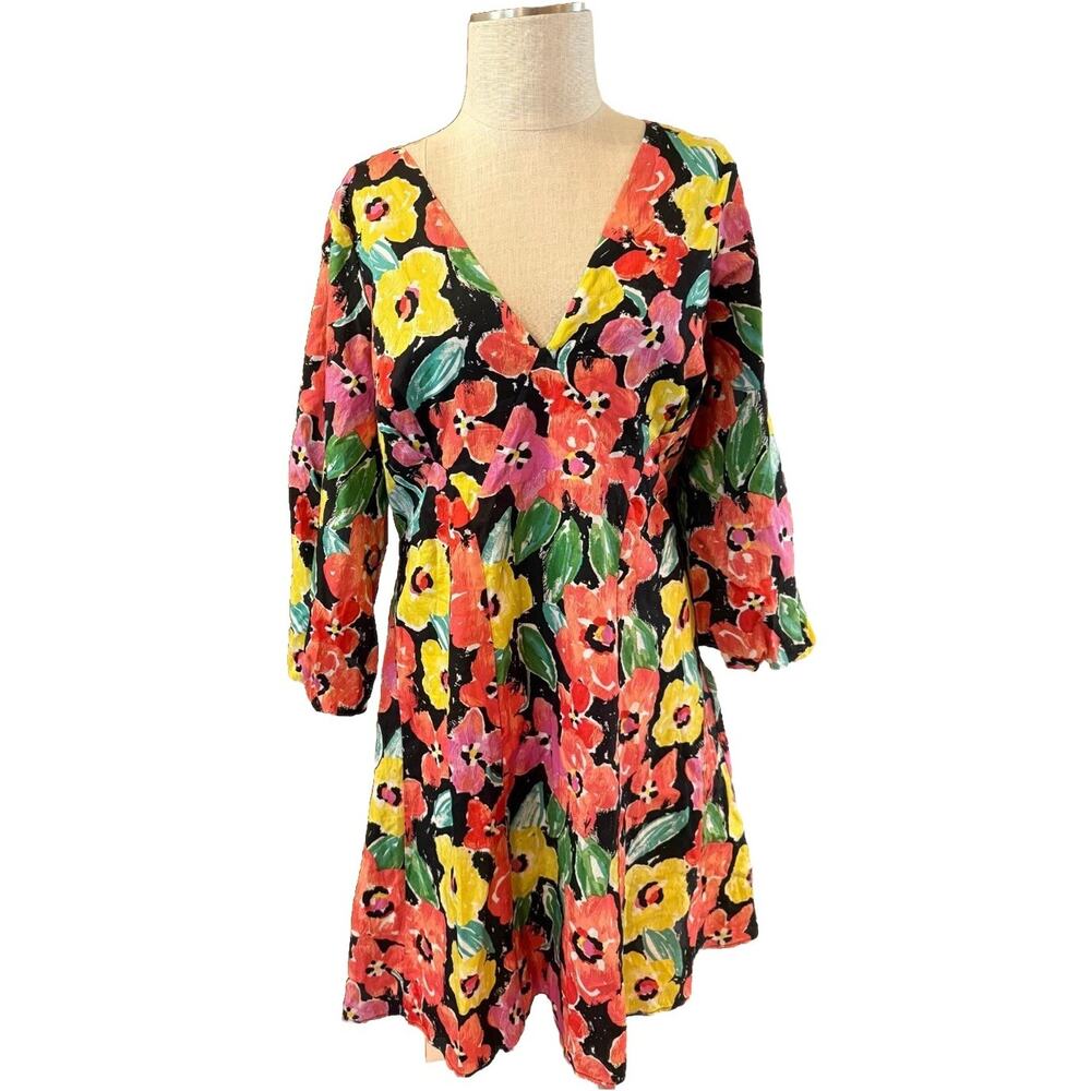 GB Sheath Dress Womens XL Multi Floral Long Sleeve V Neck Tie Back Pullover